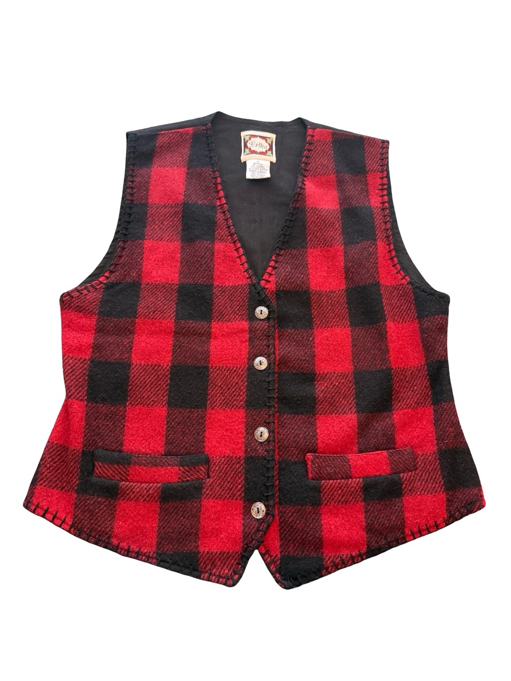 Vintage Erika Red Black Buffalo Plaid Wool Blend Vest Women’s Medium